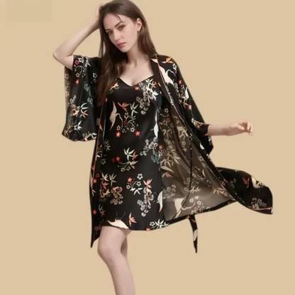 100% Mulberry Silk 16Momme Printed V-neck Nightgown &amp; Kimono Robe Set