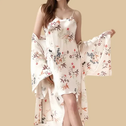 100% Mulberry Silk 16Momme Printed V-neck Nightgown &amp; Kimono Robe Set