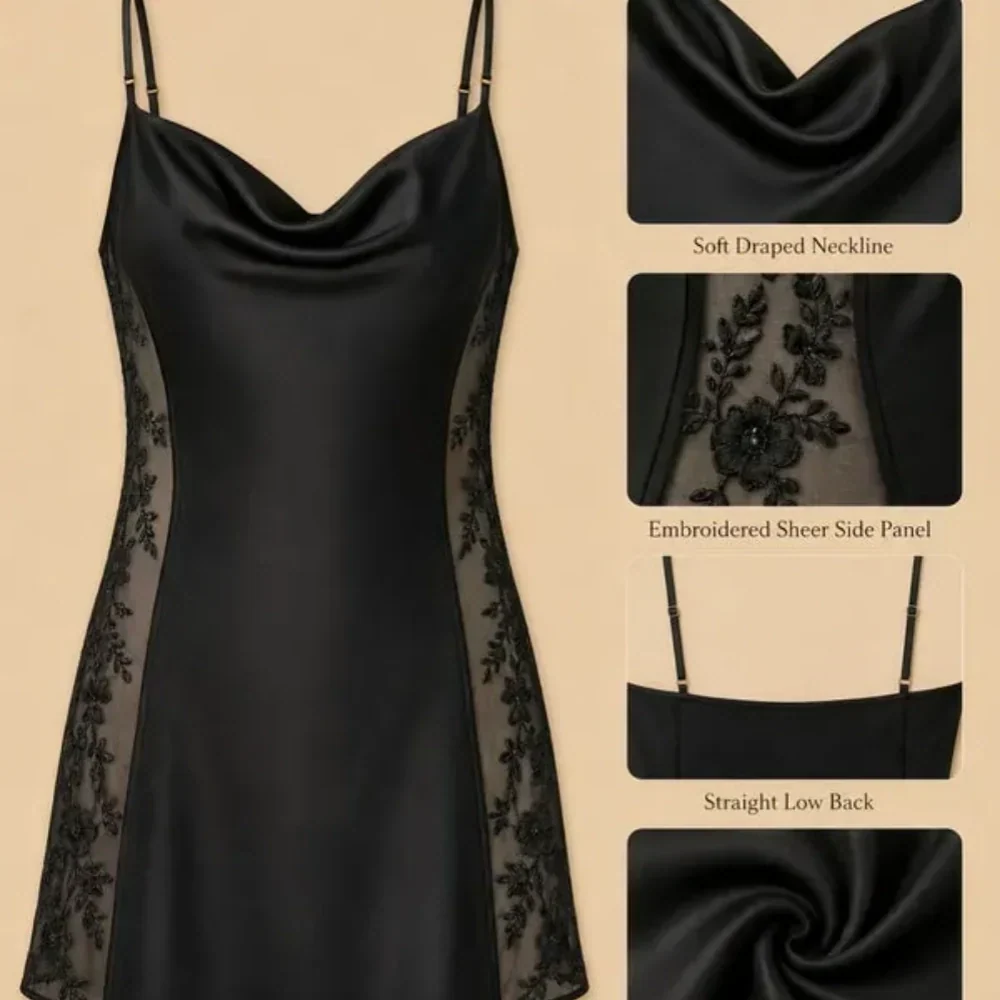 100% Mulberry Silk 19Momme Embroidered Spaghetti Strap Nightgown &amp; Robe Set