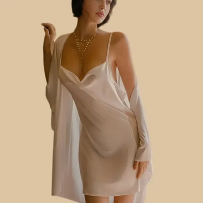 100% Mulberry Silk 19Momme Embroidered Spaghetti Strap Nightgown &amp; Robe Set