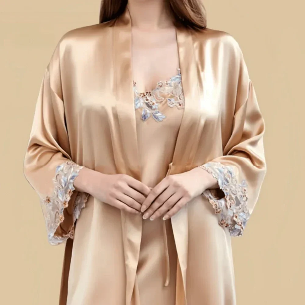 100% Mulberry Silk 19Momme Lace Nightgown &amp; Kimono Robe Set