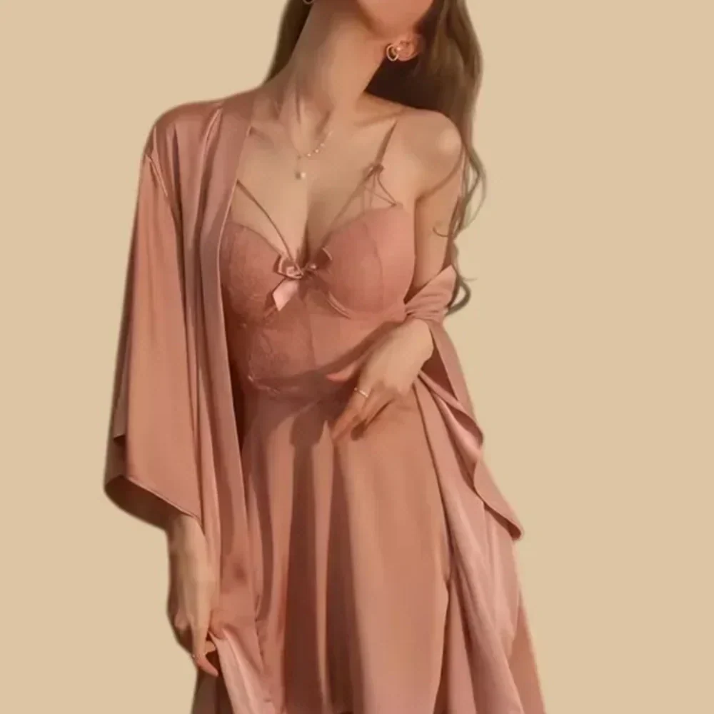 100% Mulberry Silk 19Momme Lace Padded Nightgown &amp; Kimono Robe Set