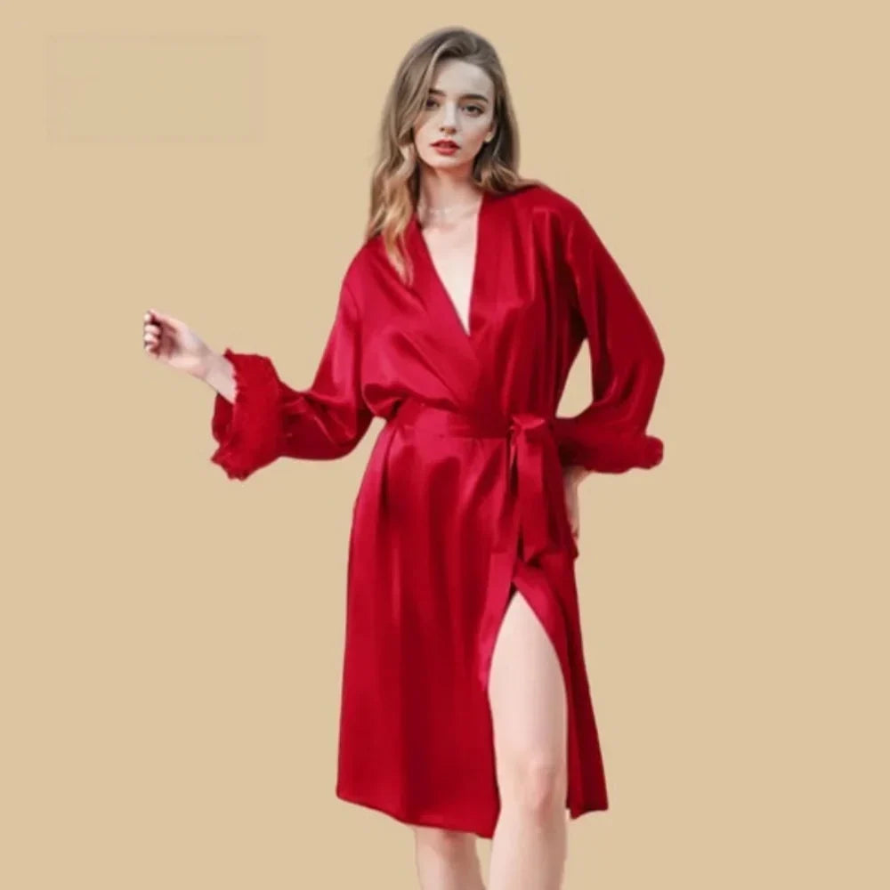 100% Mulberry Silk 19Momme Midi Kimono Robe &amp; Nightgown with Feather-Trim Cuffs