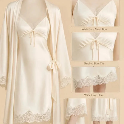 100% Mulberry Silk 19Momme Nightgown &amp; Kimono Robe Set with Lace Design