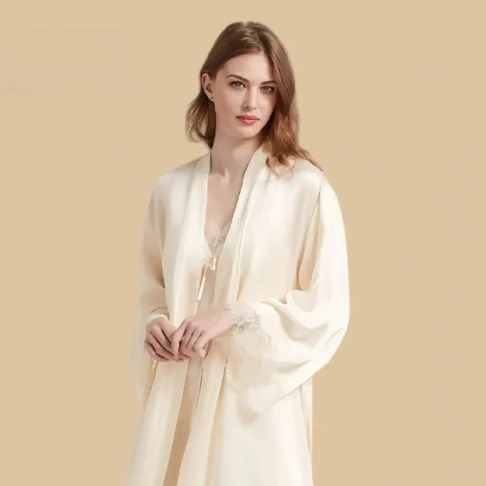 100% Mulberry Silk 19Momme Nightgown &amp; Kimono Robe Set with Lace Design