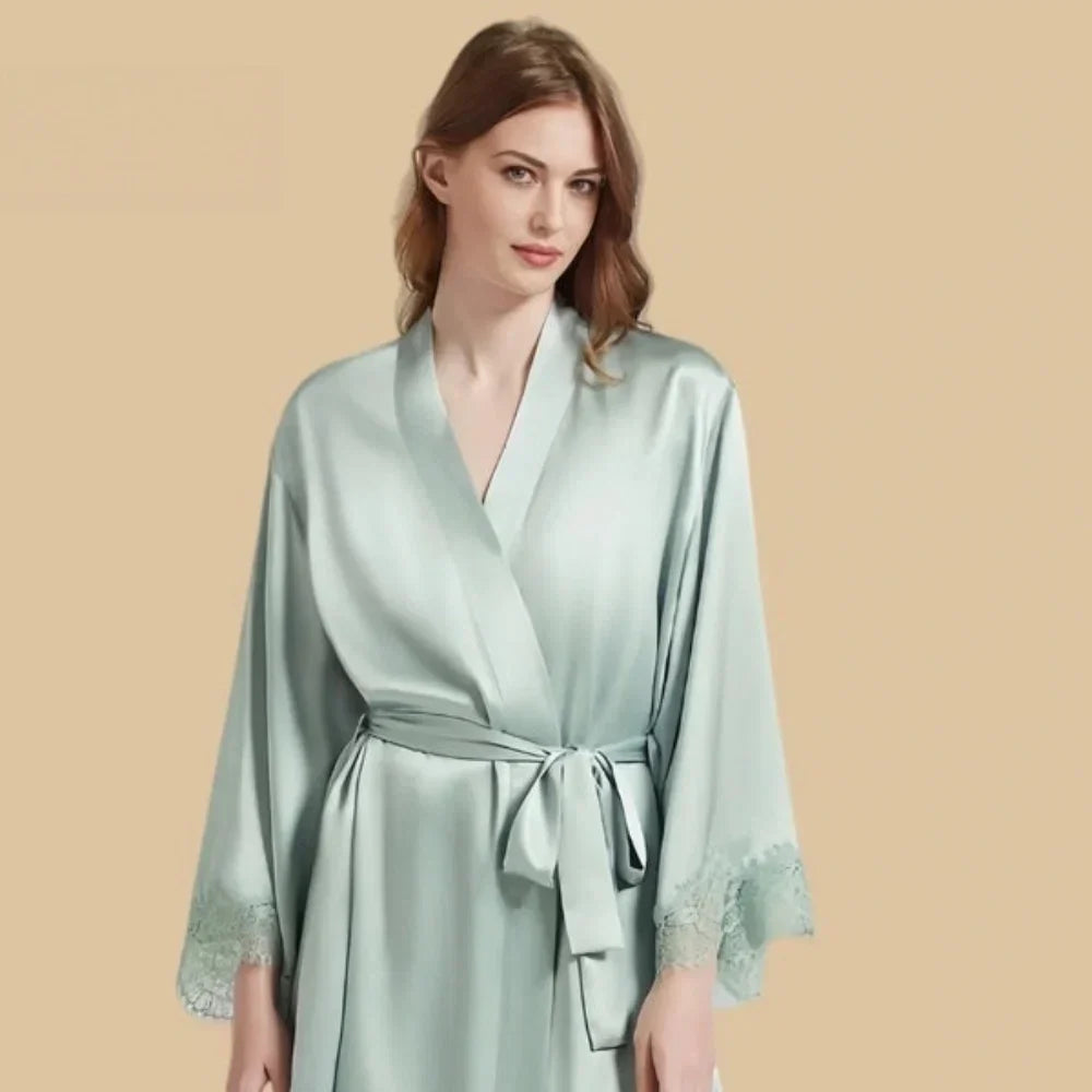 100% Mulberry Silk 19Momme Nightgown &amp; Kimono Robe Set with Lace Design