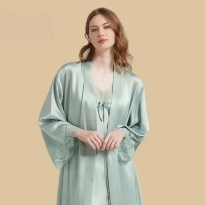 100% Mulberry Silk 19Momme Nightgown &amp; Kimono Robe Set with Lace Design