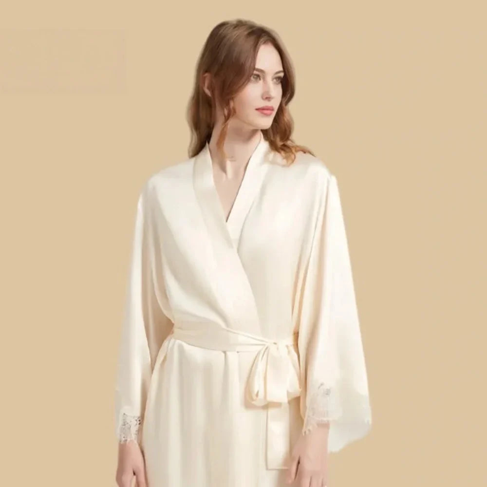100% Mulberry Silk 19Momme Nightgown &amp; Kimono Robe Set with Lace Design