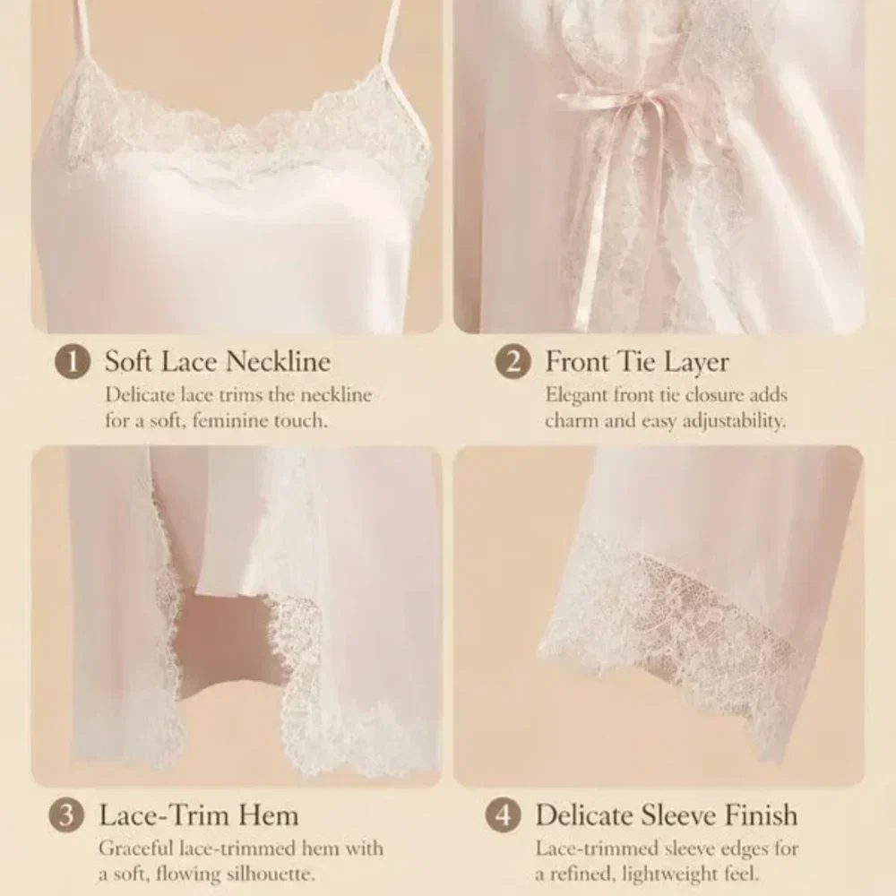 100% Mulberry Silk 19Momme Nightgown &amp; Robe Set with Lace Trim Design