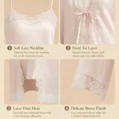 100% Mulberry Silk 19Momme Nightgown &amp; Robe Set with Lace Trim Design