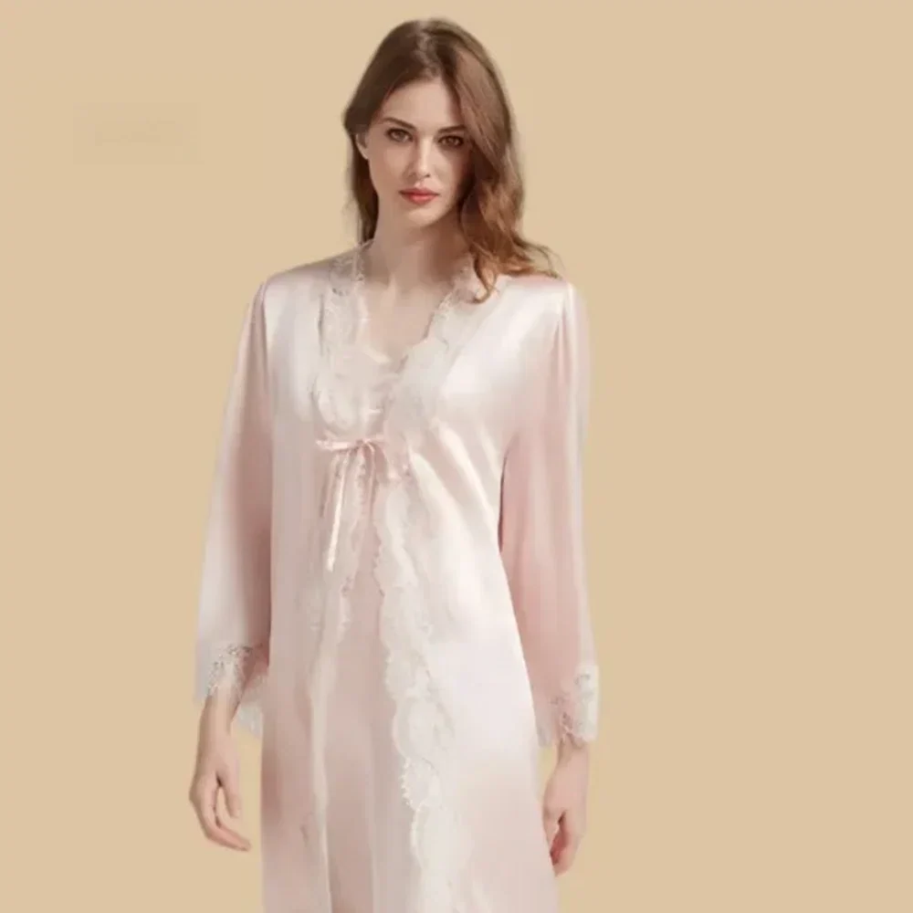 100% Mulberry Silk 19Momme Nightgown &amp; Robe Set with Lace Trim Design