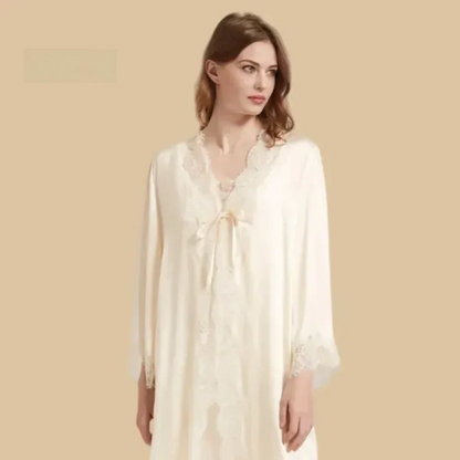 100% Mulberry Silk 19Momme Nightgown &amp; Robe Set with Lace Trim Design