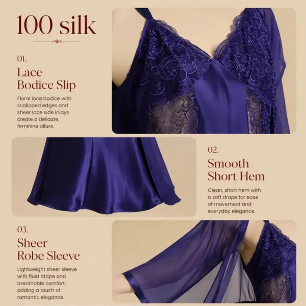 100% Mulberry Silk 19Momme Short Nightgown &amp; Kimono Robe Set with Lace Design