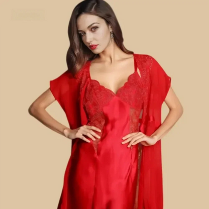 100% Mulberry Silk 19Momme Short Nightgown &amp; Kimono Robe Set with Lace Design