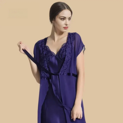 100% Mulberry Silk 19Momme Short Nightgown &amp; Kimono Robe Set with Lace Design