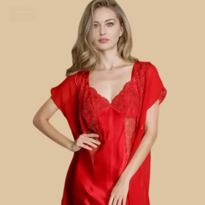 100% Mulberry Silk 19Momme Short Nightgown &amp; Kimono Robe Set with Lace Design