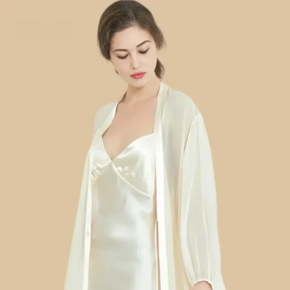 100% Mulberry Silk 19Momme Silk V-neck Nightgown &amp; Kimono Robe with Tie Design