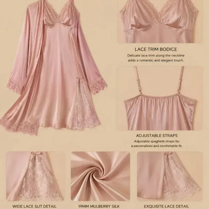 100% Mulberry Silk 19Momme Spaghetti Strap Nightgown &amp; Kimono Robe Set with Lace Trim Design