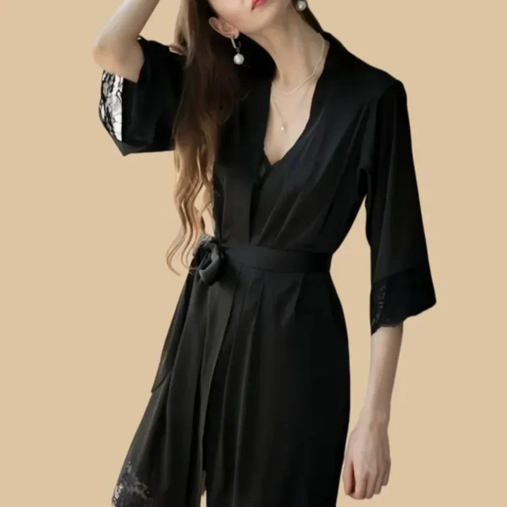 100% Mulberry Silk 19Momme Spaghetti Strap Nightgown &amp; Kimono Robe Set with Lace Trim Design