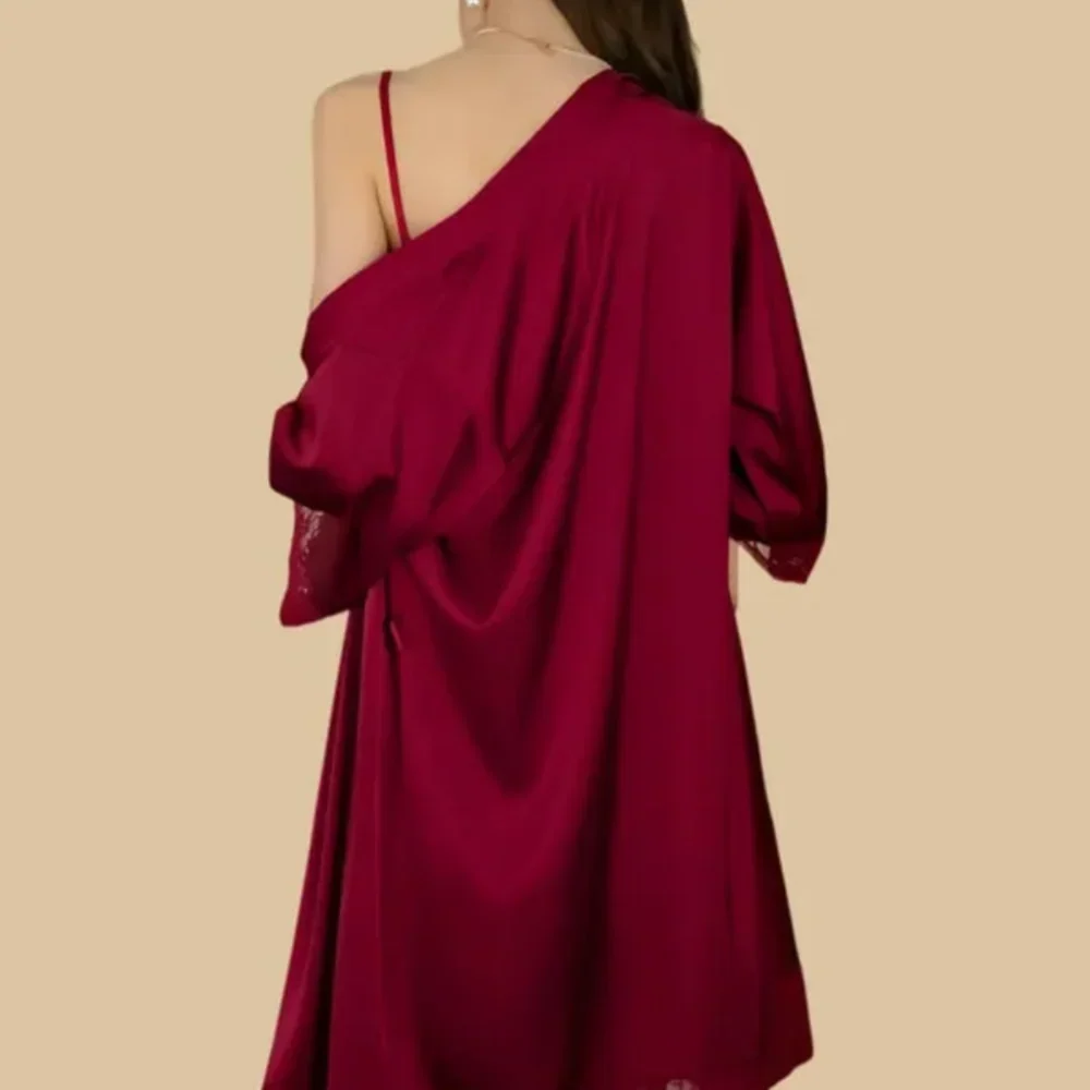 100% Mulberry Silk 19Momme Spaghetti Strap Nightgown &amp; Kimono Robe Set with Lace Trim Design