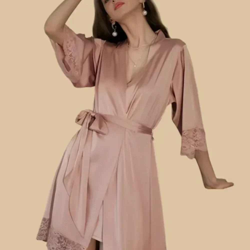 100% Mulberry Silk 19Momme Spaghetti Strap Nightgown &amp; Kimono Robe Set with Lace Trim Design