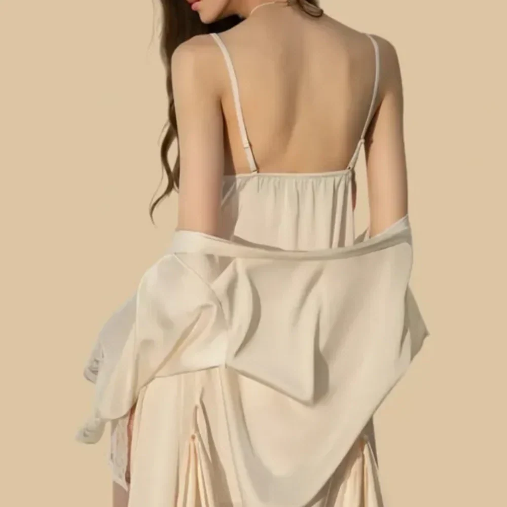100% Mulberry Silk 19Momme Spaghetti Strap Nightgown &amp; Kimono Robe Set with Lace Trim Design