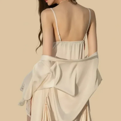 100% Mulberry Silk 19Momme Spaghetti Strap Nightgown &amp; Kimono Robe Set with Lace Trim Design