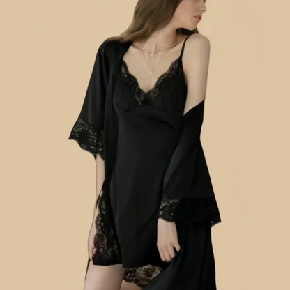 100% Mulberry Silk 19Momme Spaghetti Strap Nightgown &amp; Kimono Robe Set with Lace Trim Design