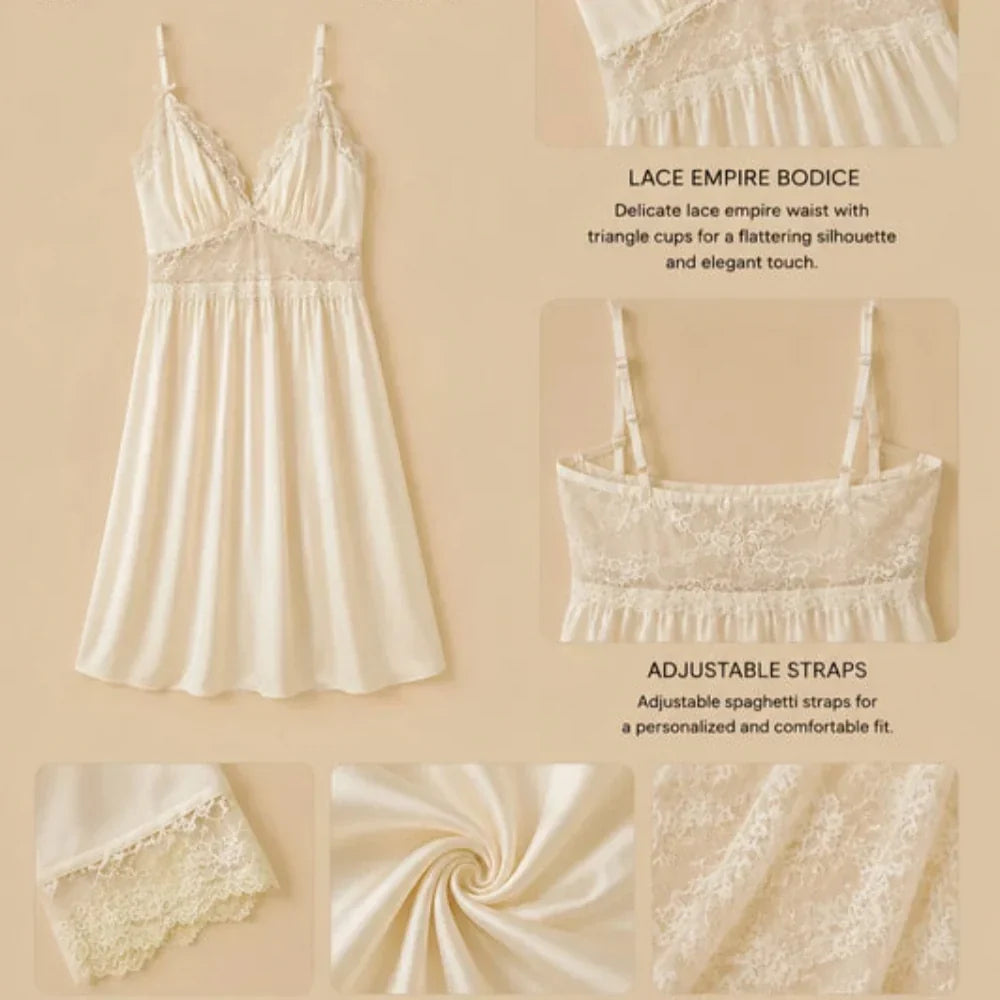 100% Mulberry Silk 19Momme Spaghetti Strap Nightgown &amp; Kimono Robe Set with Lace Trim Design