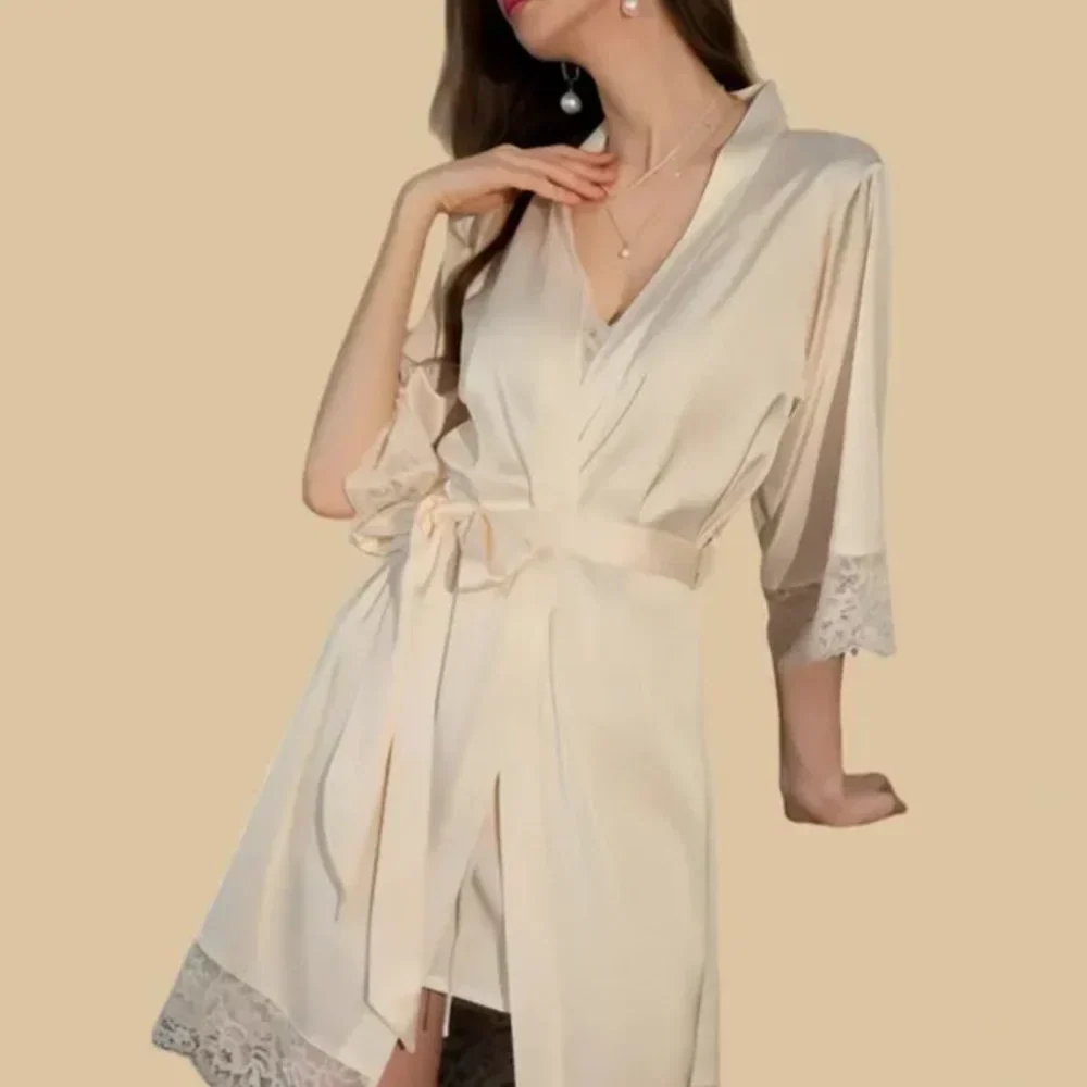 100% Mulberry Silk 19Momme Spaghetti Strap Nightgown &amp; Kimono Robe Set with Lace Trim Design