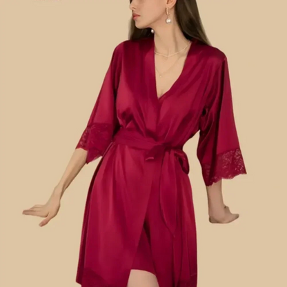 100% Mulberry Silk 19Momme Spaghetti Strap Nightgown &amp; Kimono Robe Set with Lace Trim Design