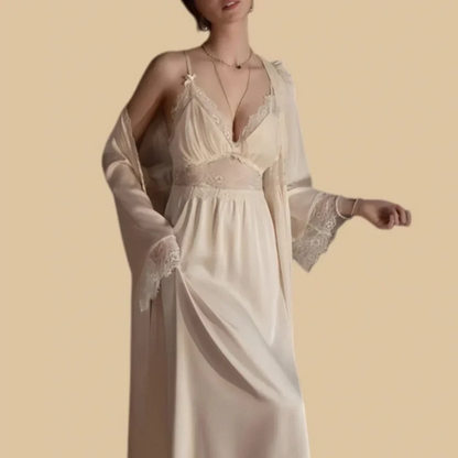100% Mulberry Silk 19Momme Spaghetti Strap Nightgown &amp; Kimono Robe Set with Lace Trim Design