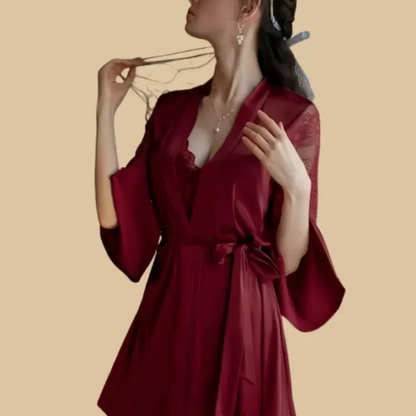 100% Mulberry Silk 19Momme Spaghetti Strap Nightgown &amp; Kimono Robe Set with Lace and Belt Design