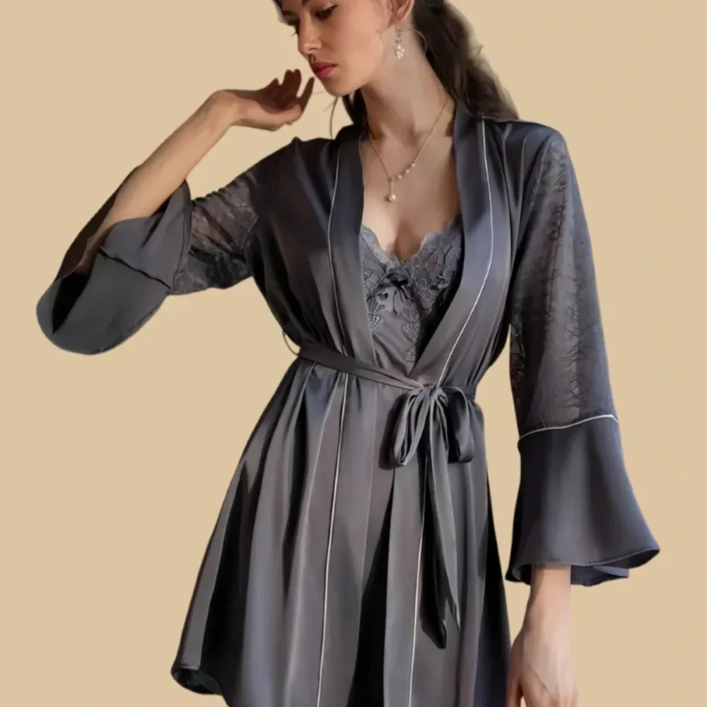 100% Mulberry Silk 19Momme Spaghetti Strap Nightgown &amp; Kimono Robe Set with Lace and Belt Design