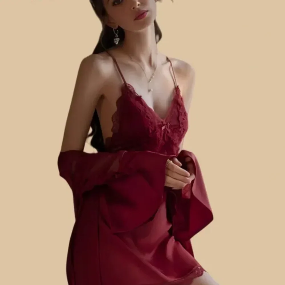 100% Mulberry Silk 19Momme Spaghetti Strap Nightgown &amp; Kimono Robe Set with Lace and Belt Design
