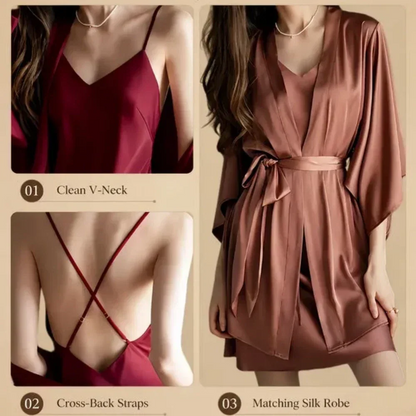 100% Mulberry Silk 19Momme Spaghetti Strap Nightgown &amp; Kimono Robe Set