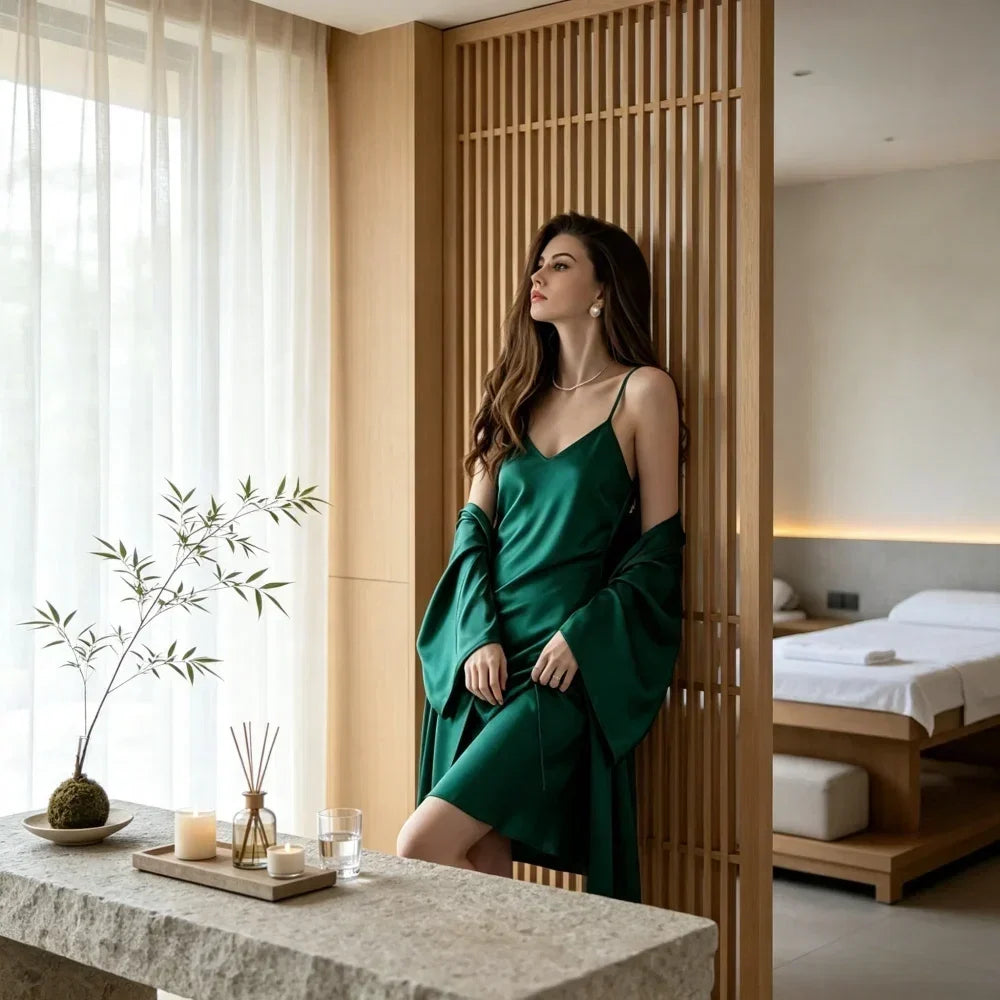 100% Mulberry Silk 19Momme Spaghetti Strap Nightgown &amp; Kimono Robe Set