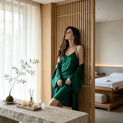100% Mulberry Silk 19Momme Spaghetti Strap Nightgown &amp; Kimono Robe Set