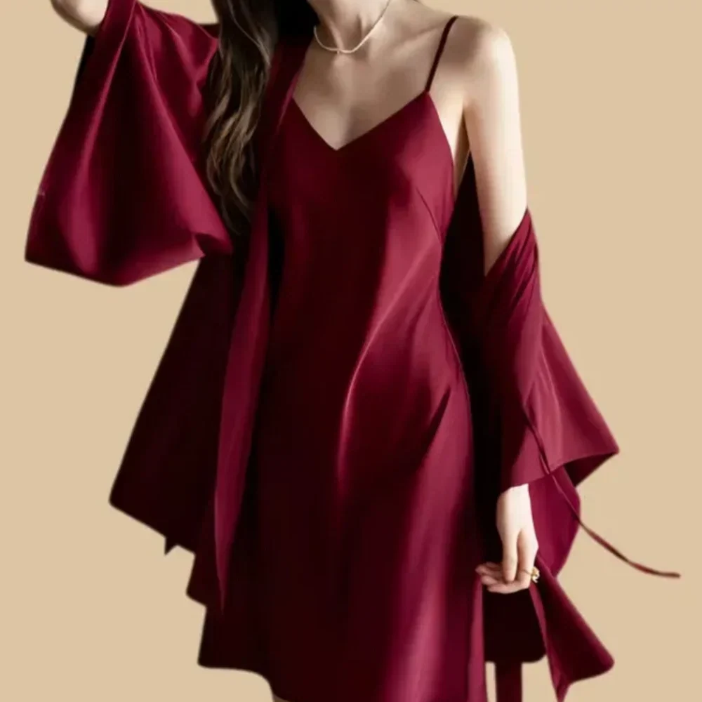 100% Mulberry Silk 19Momme Spaghetti Strap Nightgown &amp; Kimono Robe Set