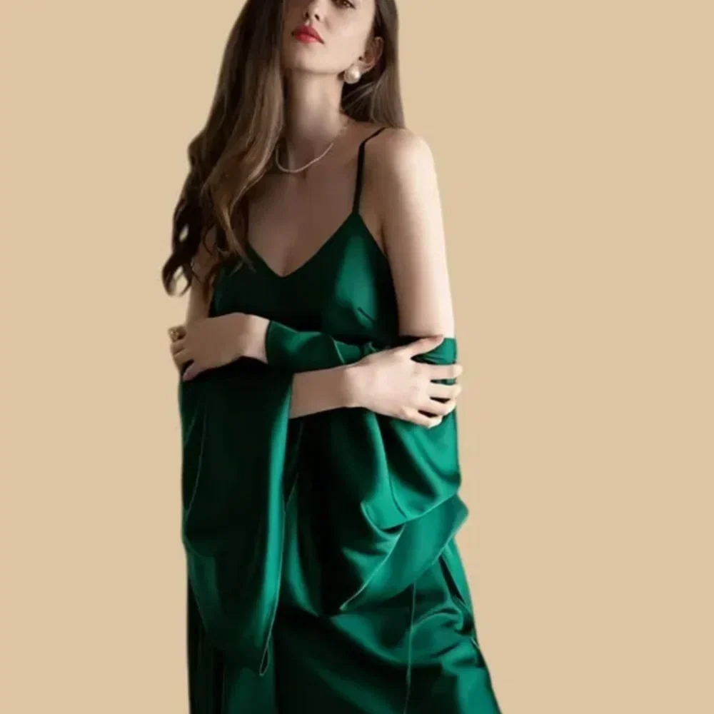 100% Mulberry Silk 19Momme Spaghetti Strap Nightgown &amp; Kimono Robe Set