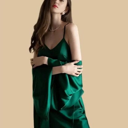 100% Mulberry Silk 19Momme Spaghetti Strap Nightgown &amp; Kimono Robe Set