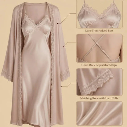 100% Mulberry Silk 19Momme Spaghetti Strap Nightgown &amp; Robe with Lace Design