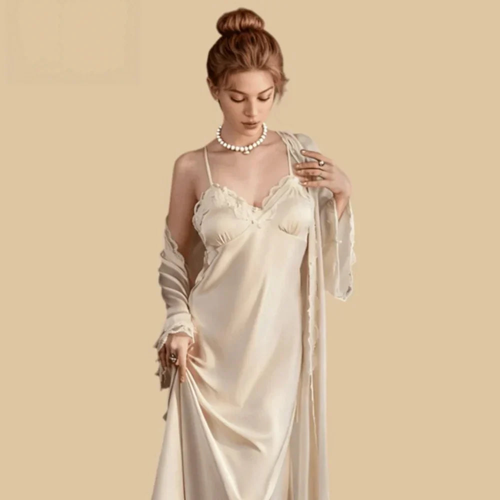 100% Mulberry Silk 19Momme Spaghetti Strap Nightgown &amp; Robe with Lace Design