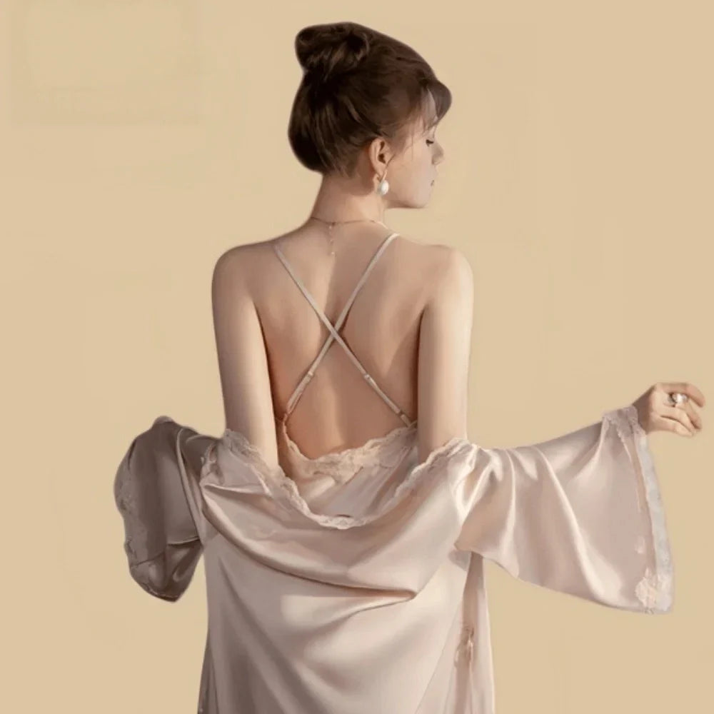 100% Mulberry Silk 19Momme Spaghetti Strap Nightgown &amp; Robe with Lace Design