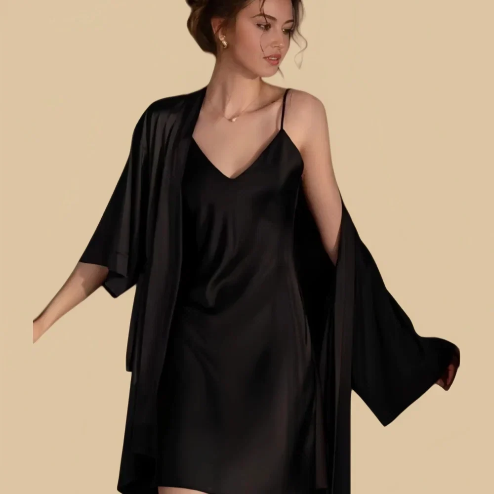 100% Mulberry Silk 19Momme Spaghetti Strap V-Neck Nightgown &amp; Kimono Robe Set