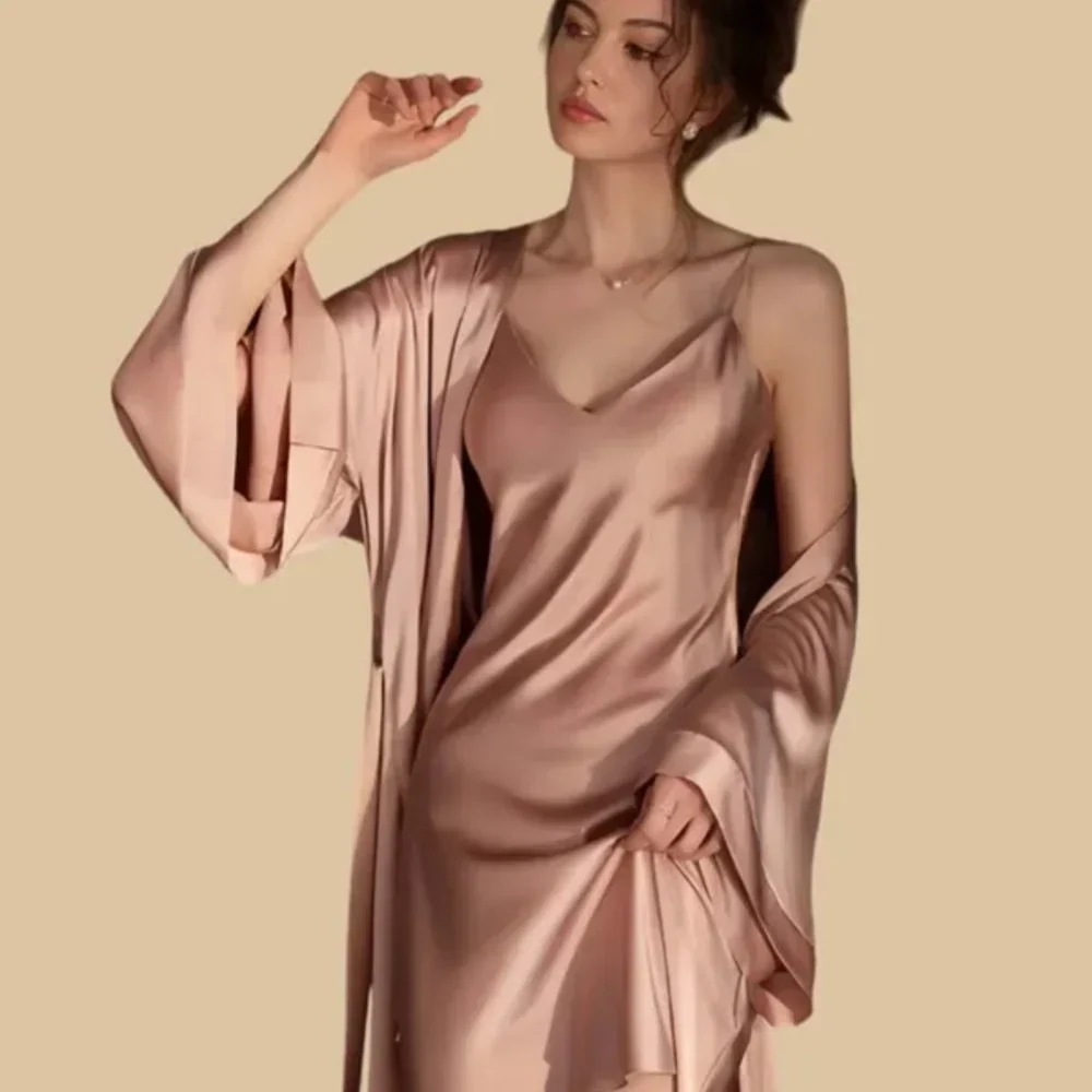 100% Mulberry Silk 19Momme Spaghetti Strap V-Neck Nightgown &amp; Kimono Robe Set