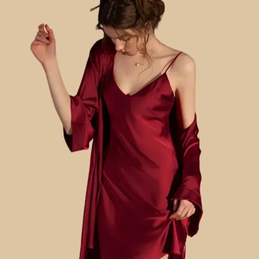 100% Mulberry Silk 19Momme Spaghetti Strap V-Neck Nightgown &amp; Kimono Robe Set