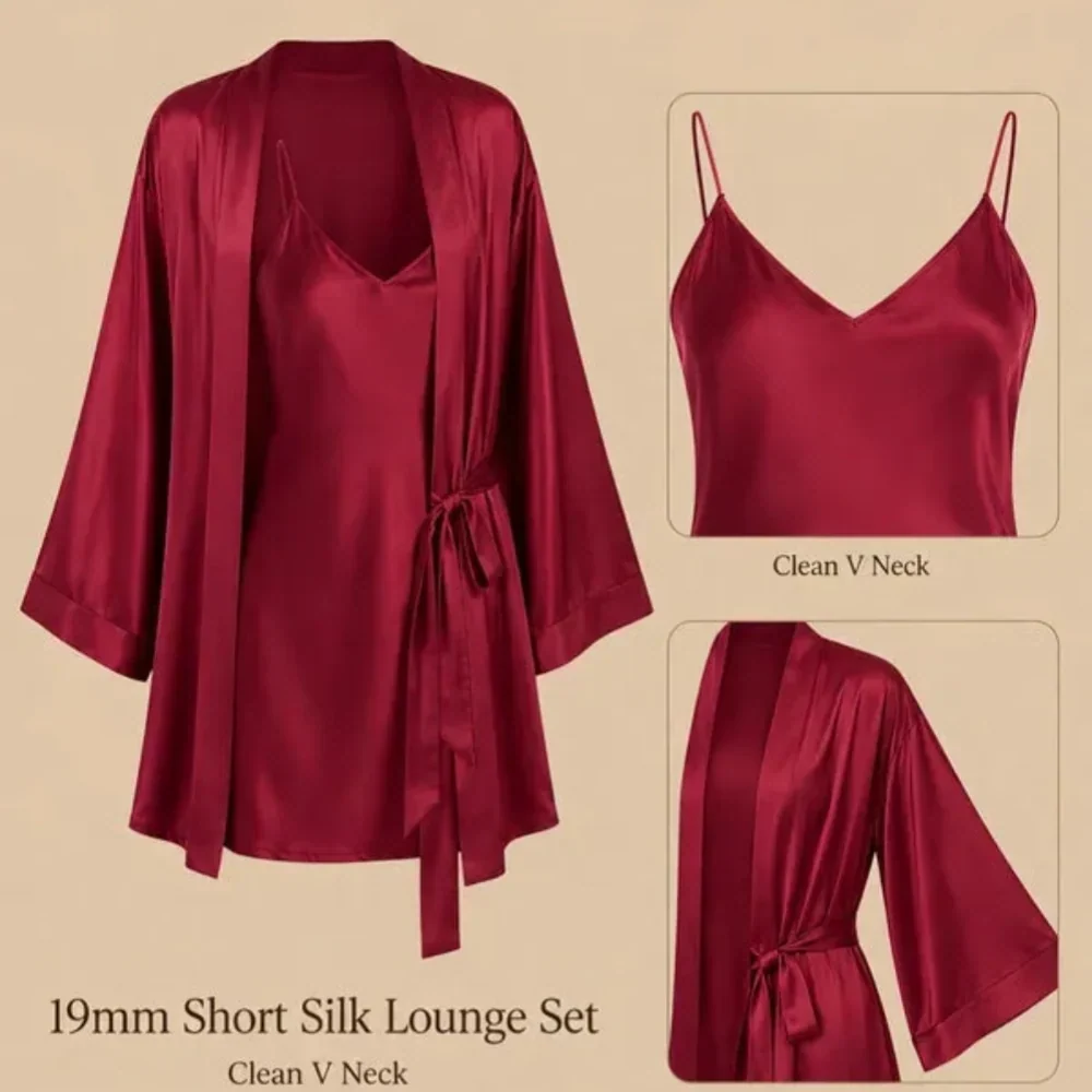 100% Mulberry Silk 19Momme Spaghetti Strap V-Neck Nightgown &amp; Kimono Robe Set