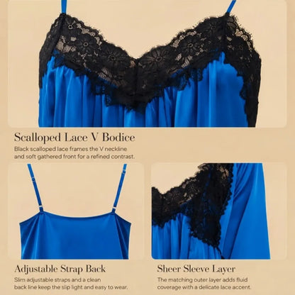 100% Mulberry Silk 19Momme V-Neck Midi Nightgown &amp; Robe with Lace Design