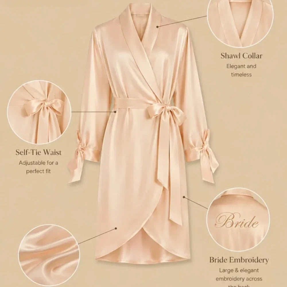 100% Mulberry Silk 22Momme Long Kimono Robe with Belt and Bow Sleeve